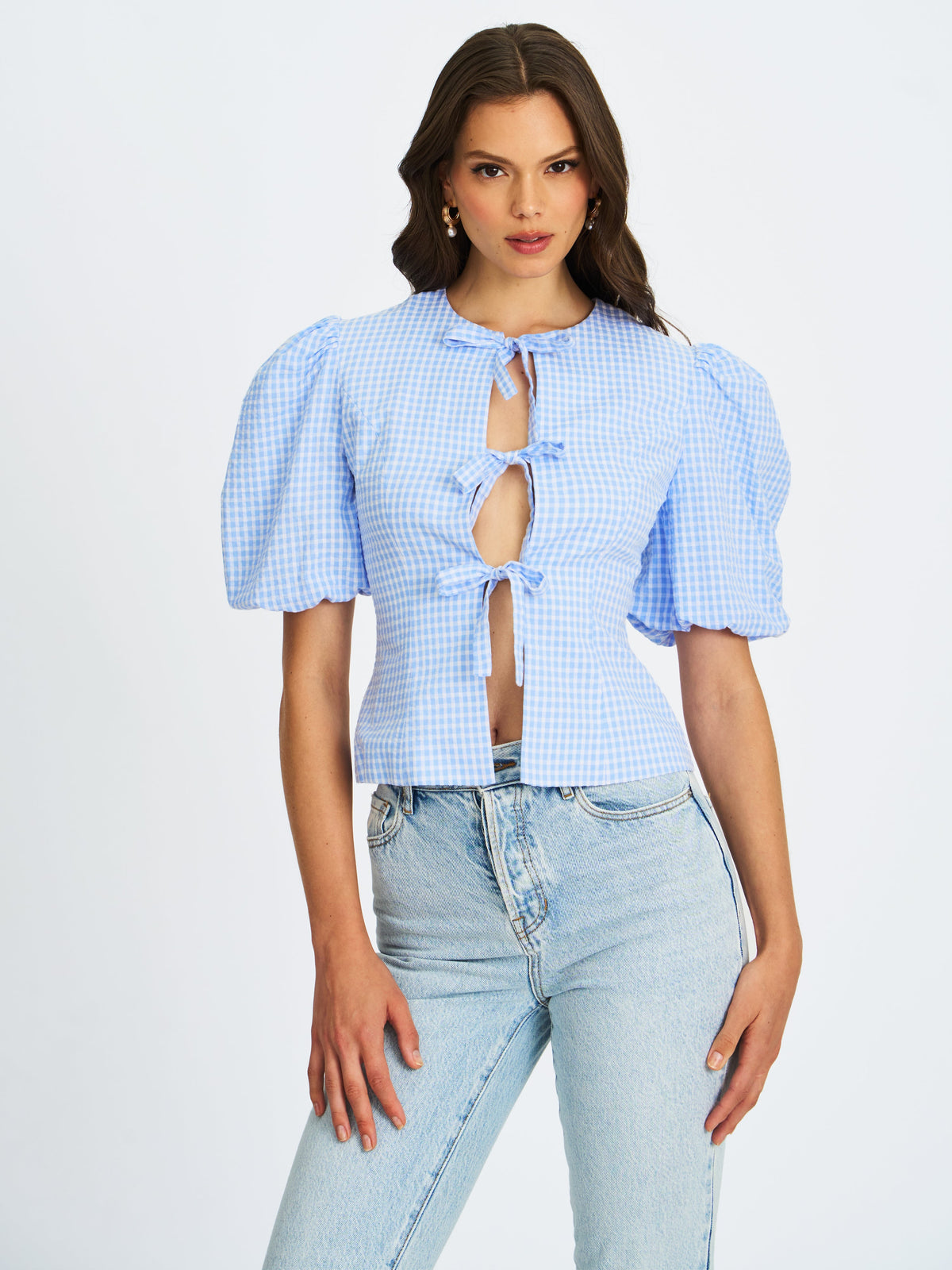 Qusayla Baby Blue Gingham Cotton Bubble Sleeve Bowtie Top