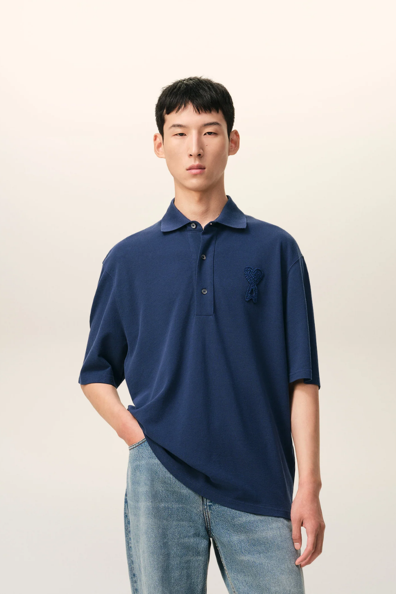 Ami Paris De Coeur Super Lightweight Cotton Piqu¨¦ Short Sleeves Polo Shirt-Navy