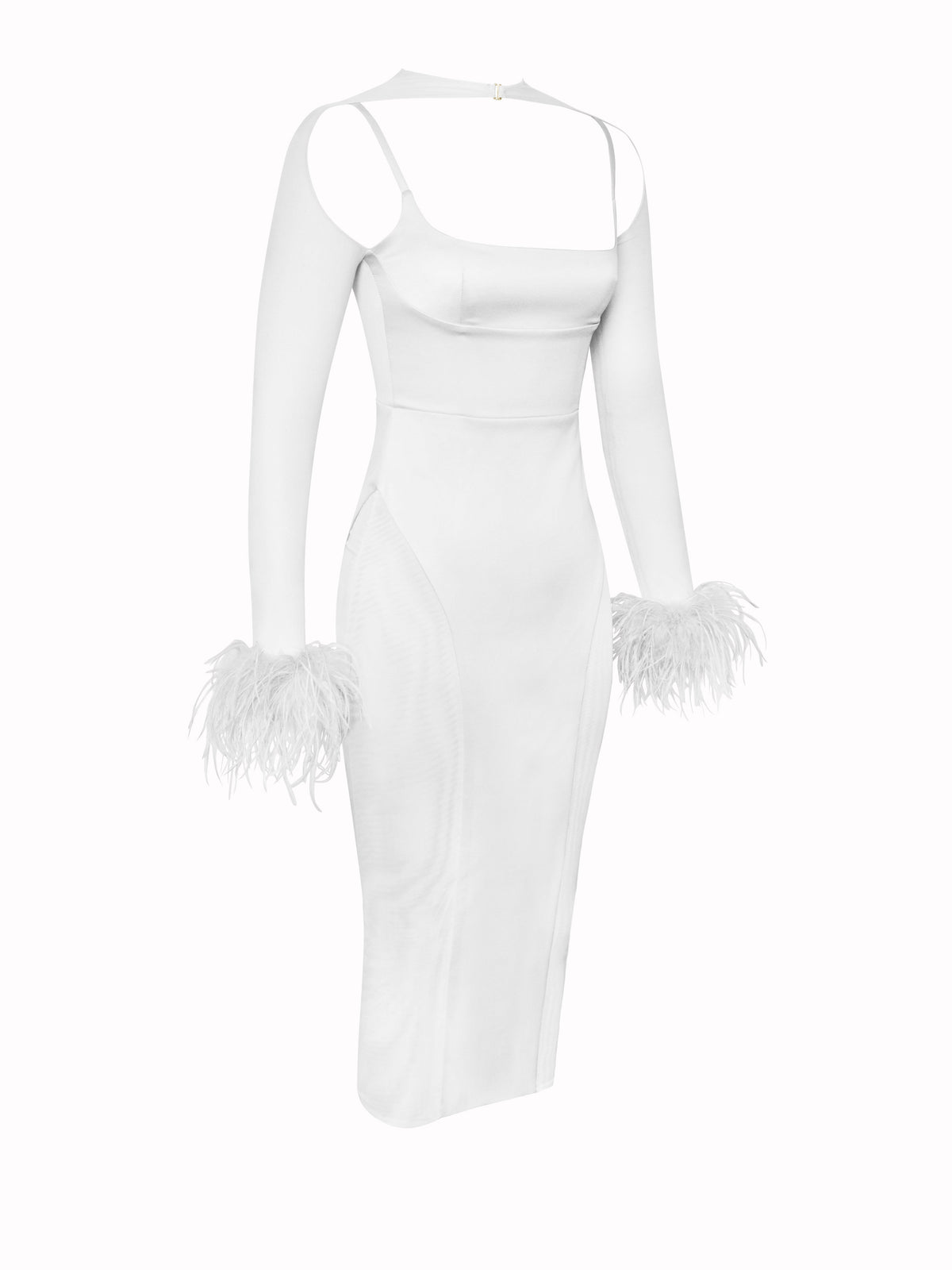 Oaklie White Satin Mesh Sleeve Dress With Feathers (Archive Sale)
