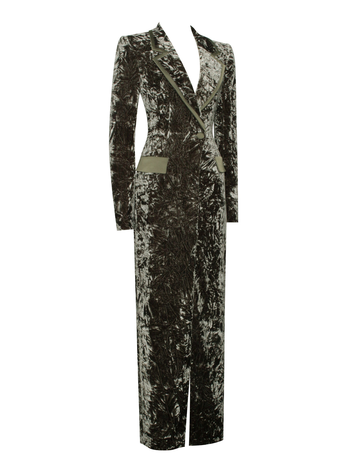 Willow Green Glossy Velvet High Slit Blazer Gown (Archive Sale)