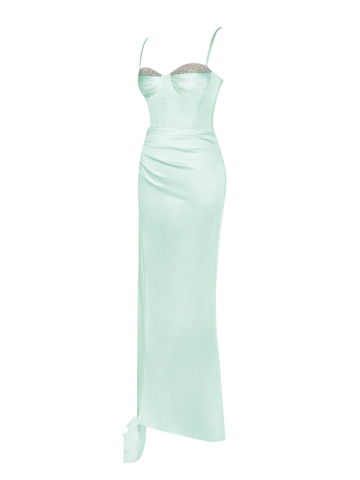 Vanity Mint Satin High Slit Draping Corset Gown With Crystals (Archive Sale)
