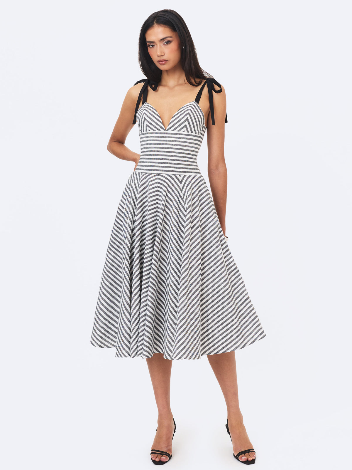 Riley Black & White Striped Linen Flared Midi Dress