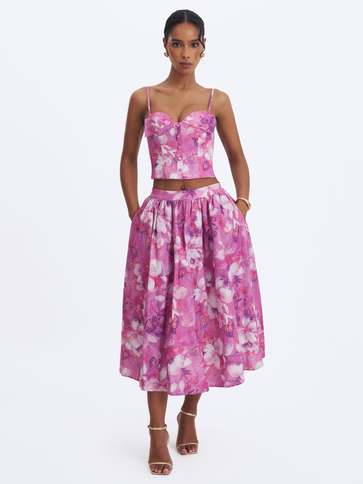 Xalina Blooming Magenta Linen Low-Rise Midi Skirt