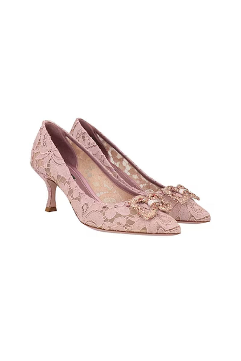 Dolce & Gabbana Pink Lace Crystal Ballet Flats Loafers