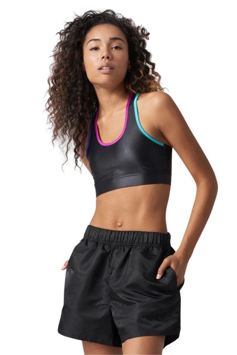 Bandier Front Row Bra Black Multi Seam Shine BTS29110
