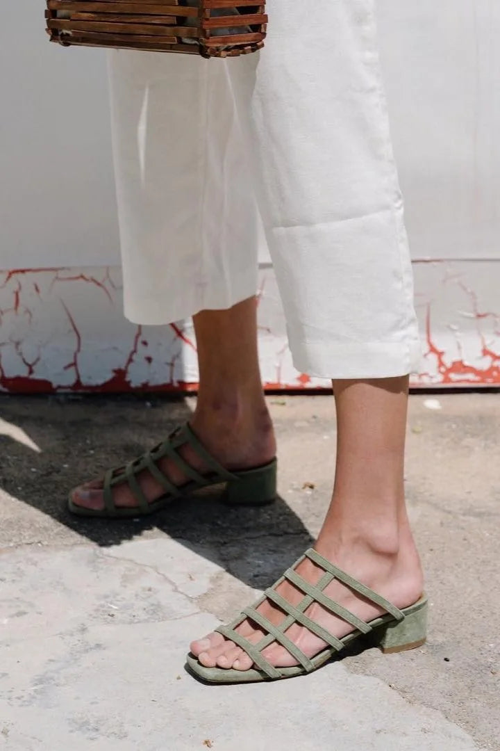 BY FAR Grid Green Suede Sandals
