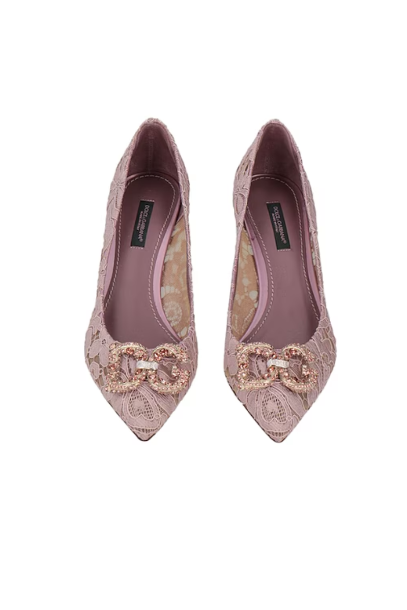 Dolce & Gabbana Pink Lace Crystal Ballet Flats Loafers