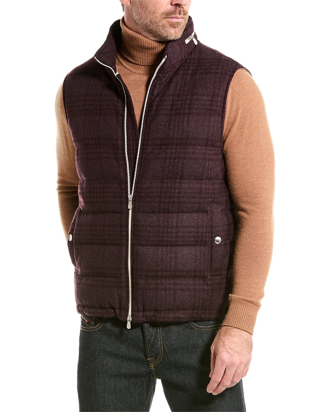BRUNELLO CUCINELLI MEN'S CASHMERE BLEND QUILTED PUFFER BIKER VEST