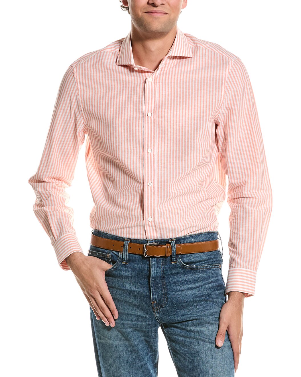 BRUNELLO CUCINELLI MEN'S ORANGE WHITE STRIPED BUTTON-UP SHIRT