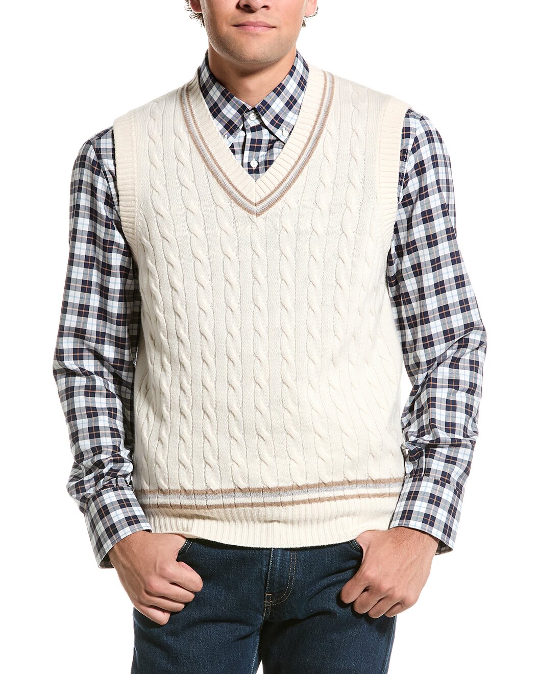 BRUNELLO CUCINELLI MEN'S 100% CASHMERE CABLE KNIT V NECK NAVY SWEATER/VEST