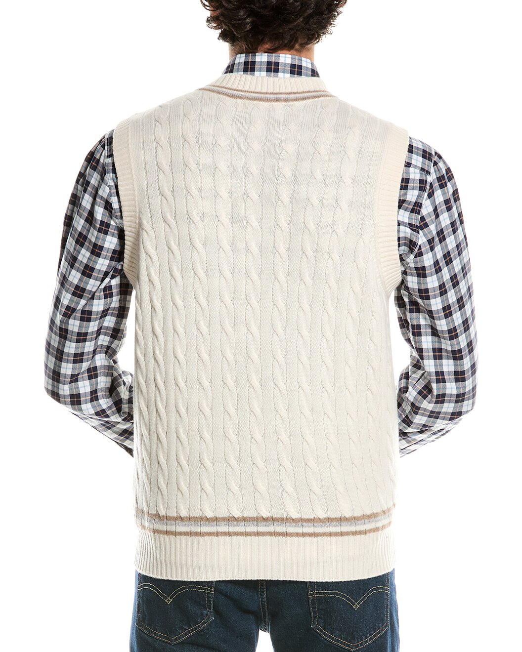 BRUNELLO CUCINELLI MEN'S 100% CASHMERE CABLE KNIT V NECK NAVY SWEATER/VEST