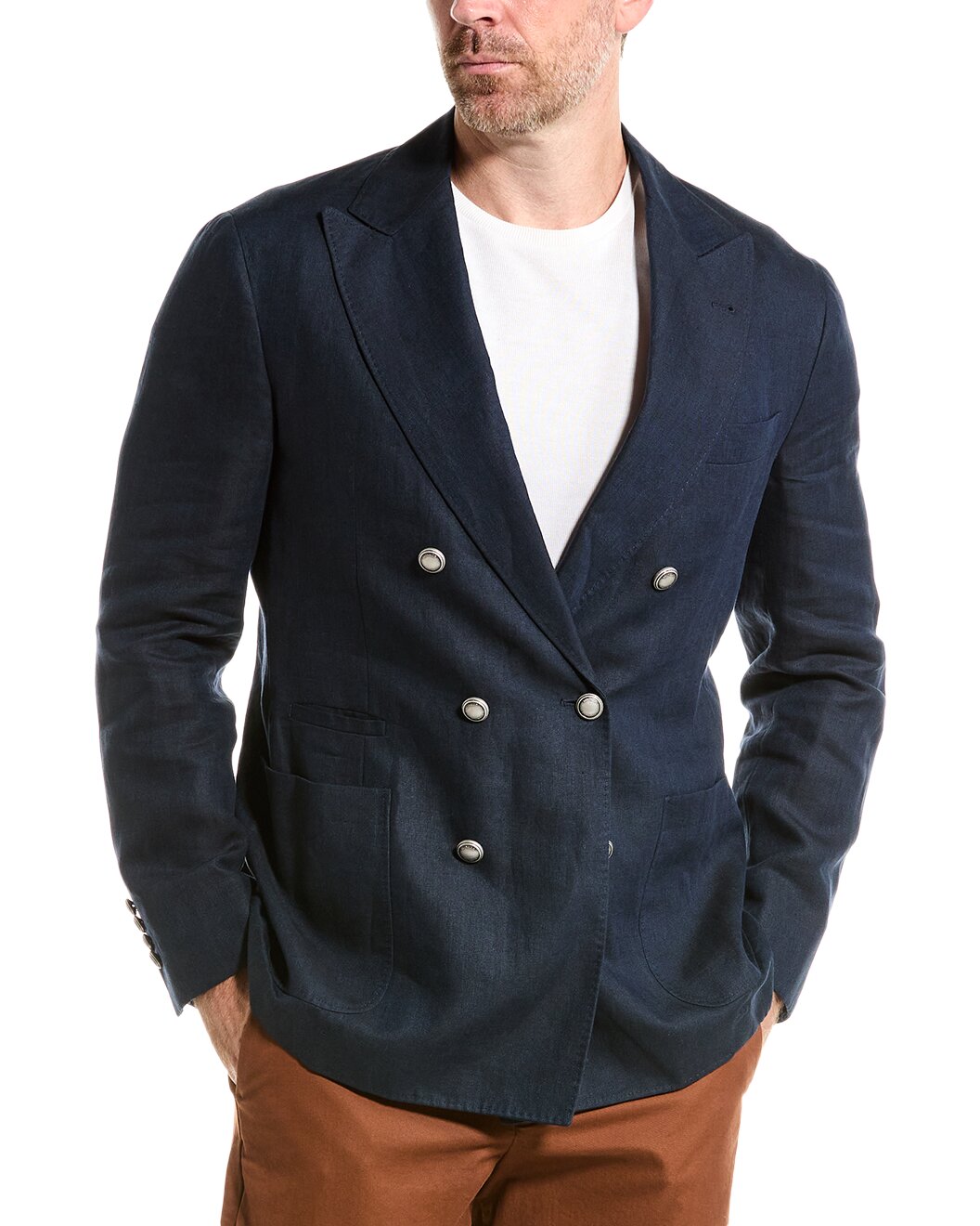 BRUNELLO CUCINELLI MEN'S NAVY DOUBLE-BREASTED BLAZER