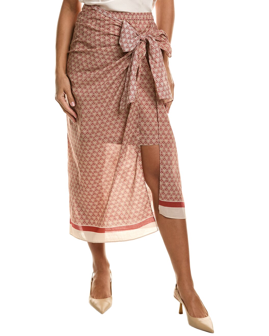 BRUNELLO CUCINELLI WOMEN'S RED BEIGE PATTERNED WRAP SKIRT