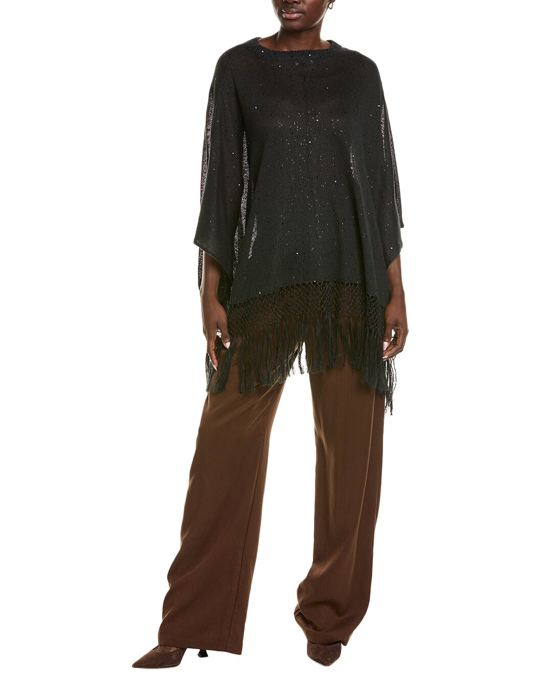 BRUNELLO CUCINELLI WOMEN'S BLACK FRINGED PONCHO-STYLE SWEATER