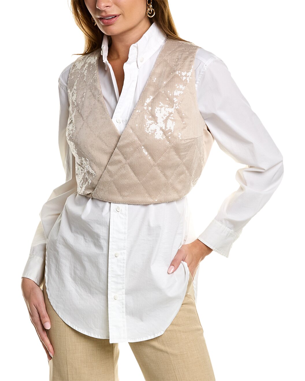 BRUNELLO CUCINELLI WOMEN'S WHITE BUTTON-UP SHIRT WITH VEST OVERLAY