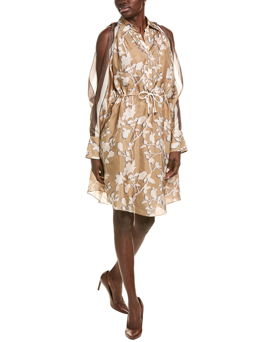 BRUNELLO CUCINELLI WOMEN'S CAMEL SILK FLORAL DRESS