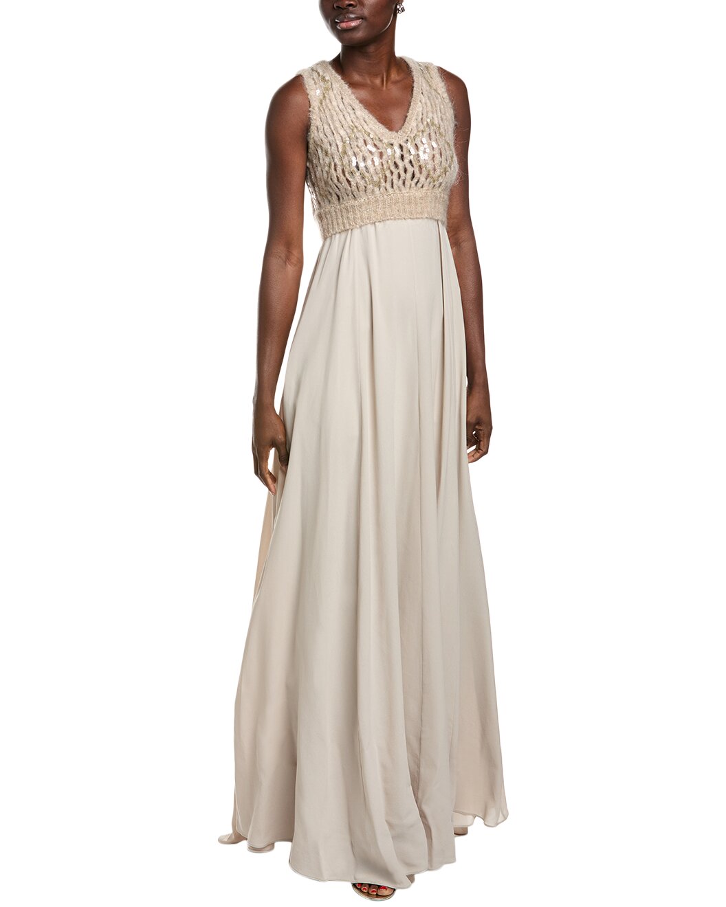 BRUNELLO CUCINELLI WOMEN'S BEIGE WOOL BLEND MAXI DRESS