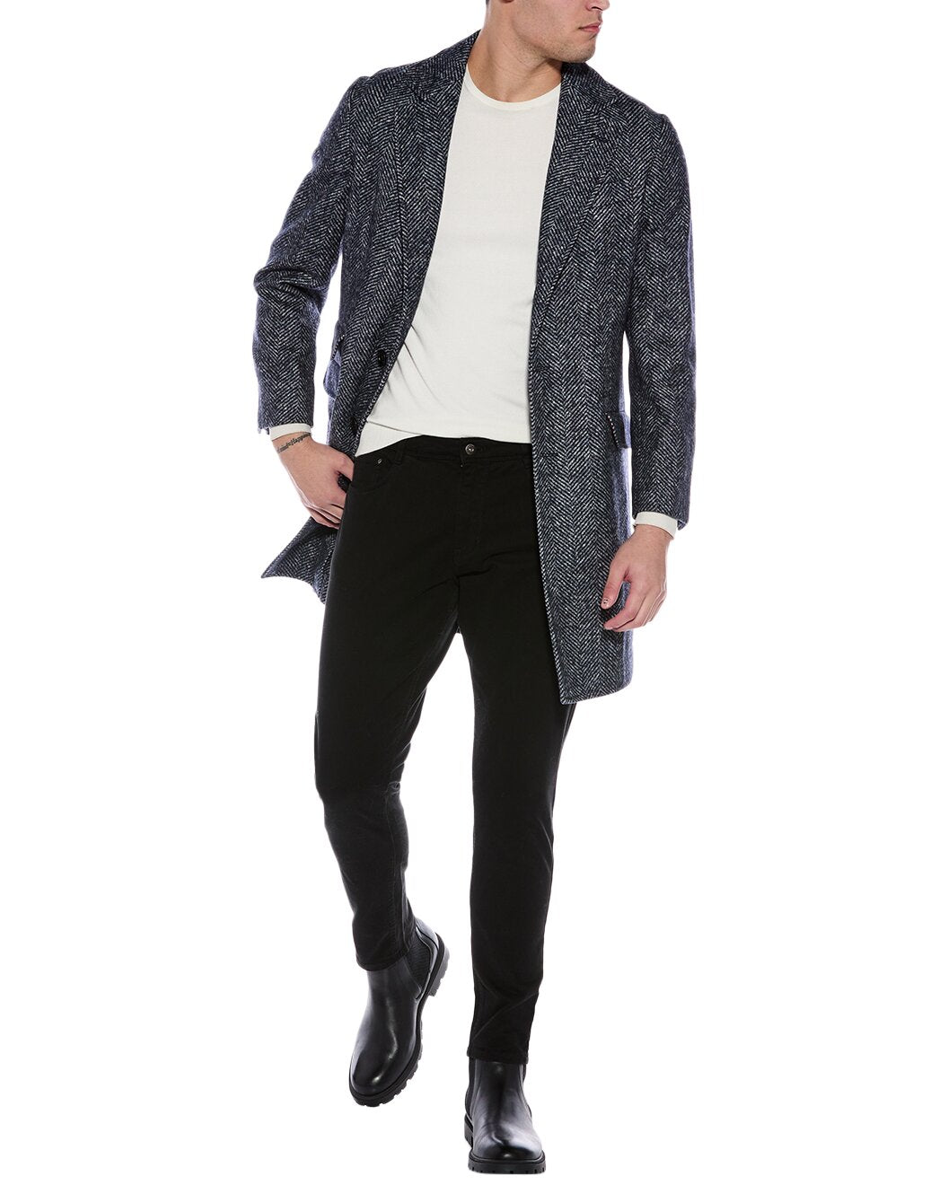 BRUNELLO CUCINELLI MEN'S WOOL BLEND NAVY HERIGBONE LONG COAT NEW