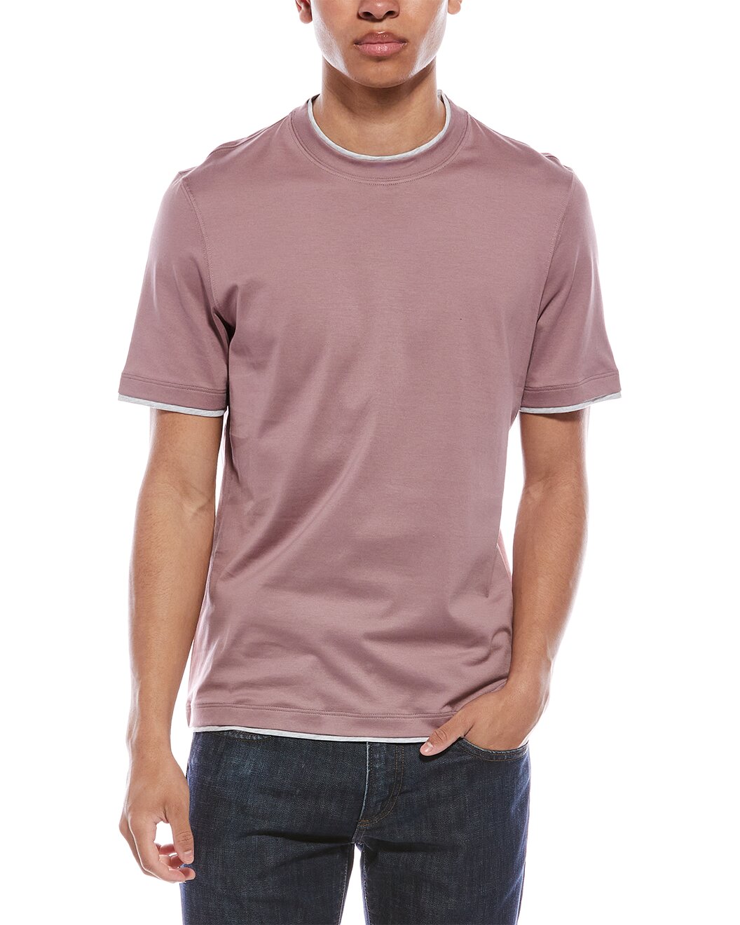 BRUNELLO CUCINELLI MEN'S MALLOW AND LIGHT GRAY COTTON LAYERED CREW NECK T SHIRT
