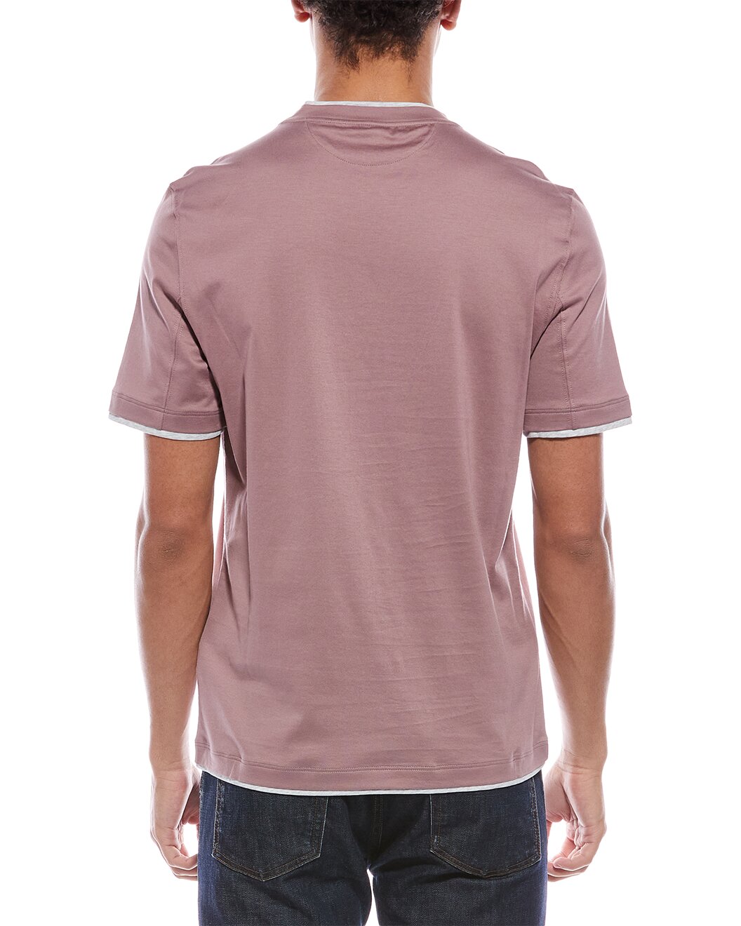 BRUNELLO CUCINELLI MEN'S MALLOW AND LIGHT GRAY COTTON LAYERED CREW NECK T SHIRT