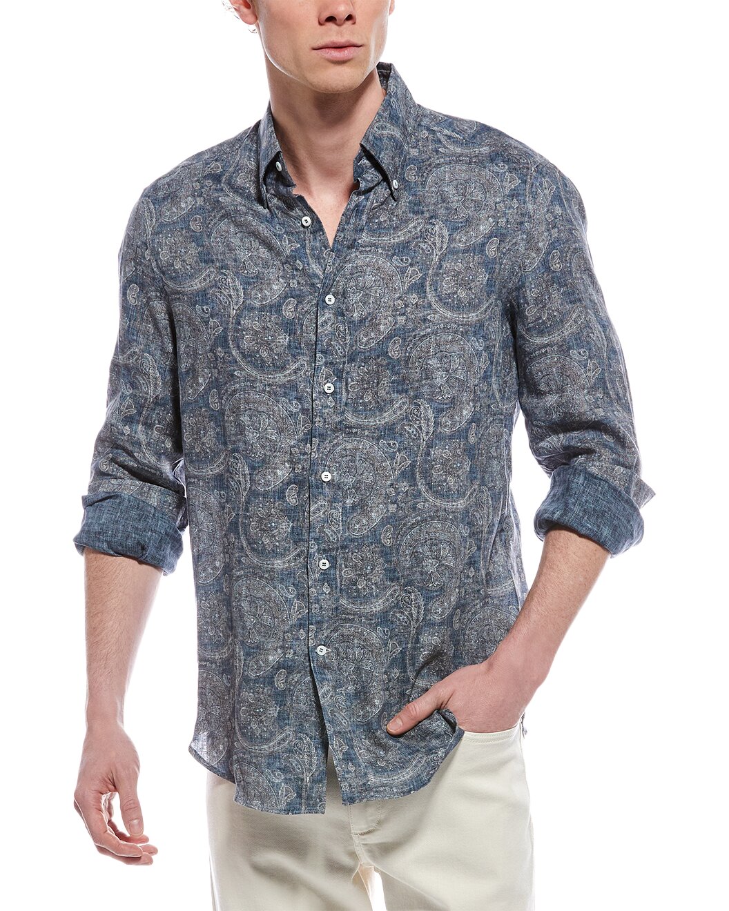 BRUNELLO CUCINELLI MEN'S DENIM PAISLEY LINEN BUTTON-UP SHIRT