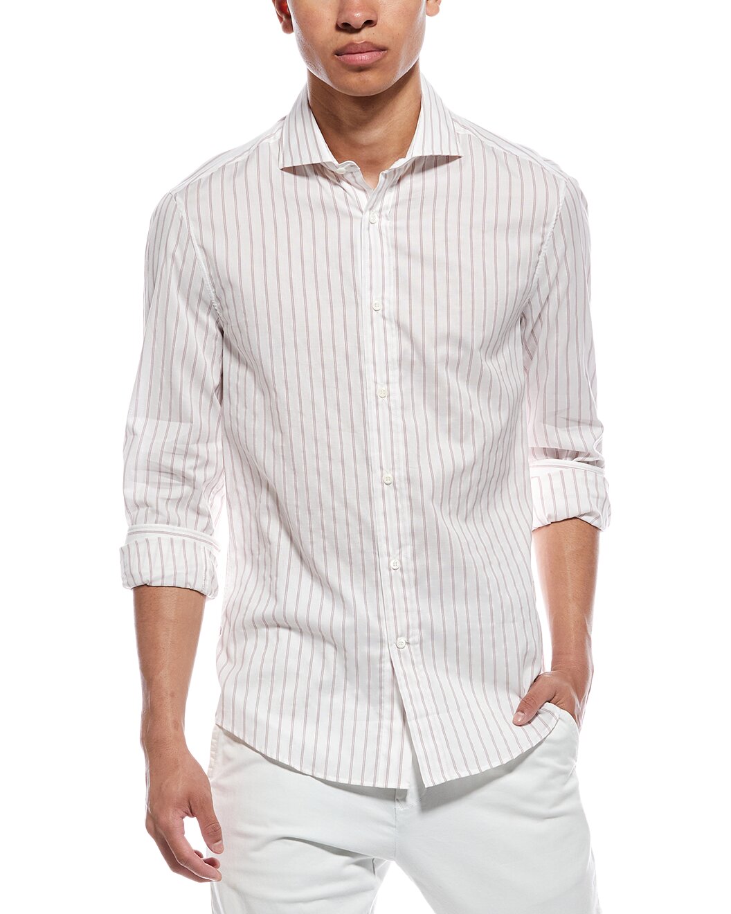 BRUNELLO CUCINELLI MEN'S WHITE STRIPED COTTON SHIRT
