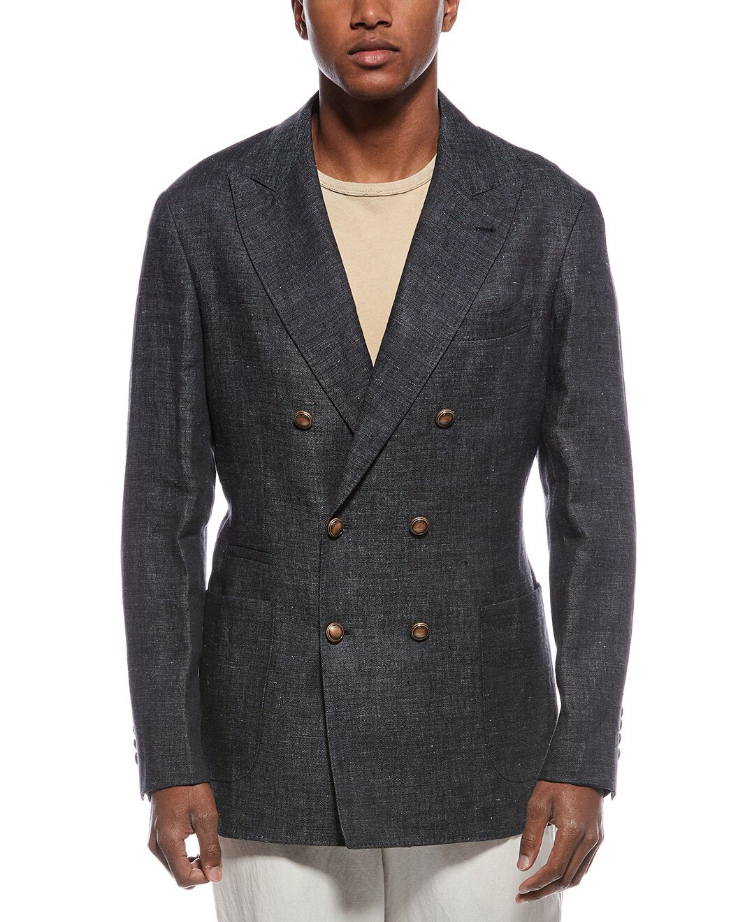 BRUNELLO CUCINELLI MEN'S DARK GREY LINEN DOUBLE BREASTED BLAZER
