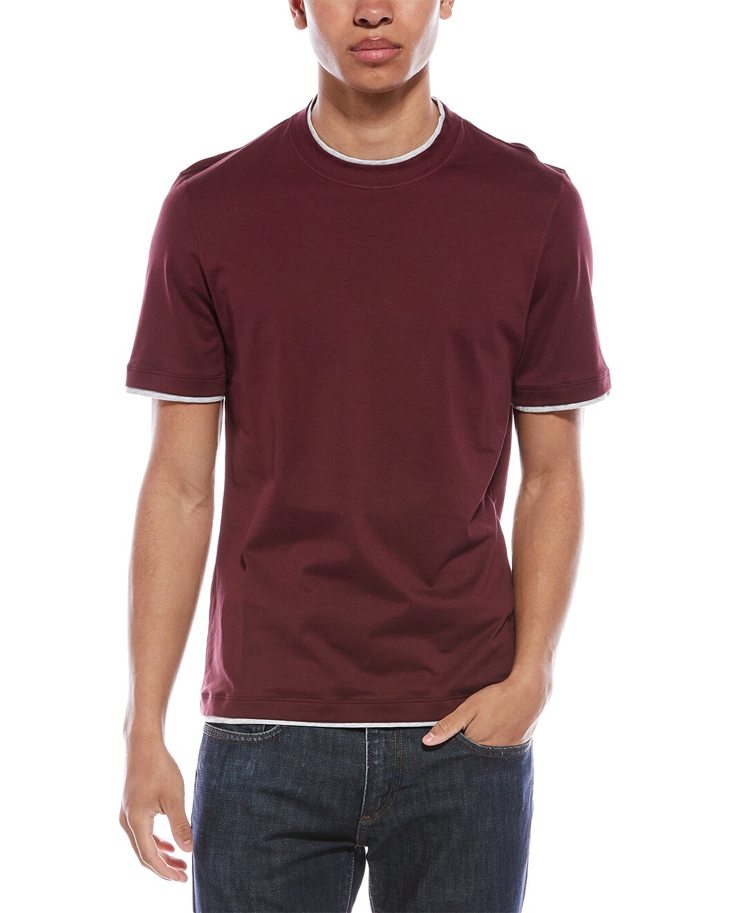 BRUNELLO CUCINELLI MEN'S RED AND LIGHT GRAY LAYERED COTTON T SHIRT