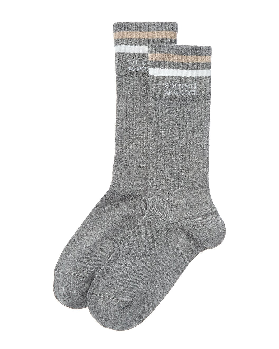 BRUNELLO CUCINELLI MEN'S DARK GRAY RIBBED SOCKS WITH STRIPES