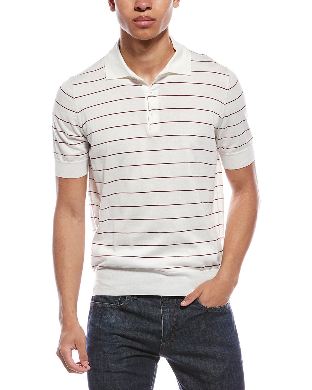 BRUNELLO CUCINELLI MEN'S WHITE STRIPED COTTON SWEATER