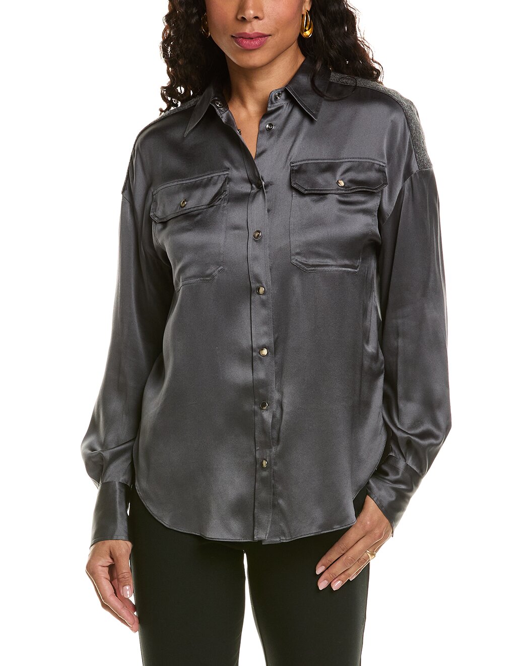BRUNELLO CUCINELLI WOMEN'S CHARCOAL SATIN BUTTON-UP SHIRT