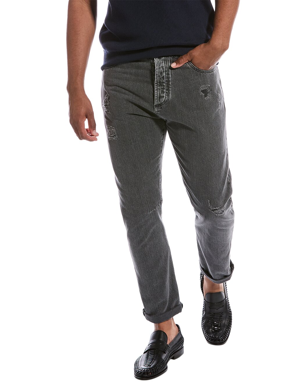 BRUNELLO CUCINELLI MEN'S MEDIUM GREY DISTRESSED TROUSERS