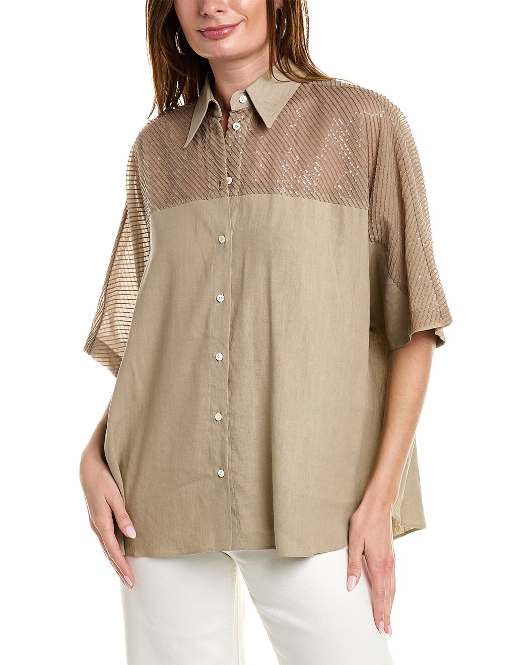 BRUNELLO CUCINELLI WOMEN'S WHEAT OVERSIZED SHIRT WITH SHEER YOKE