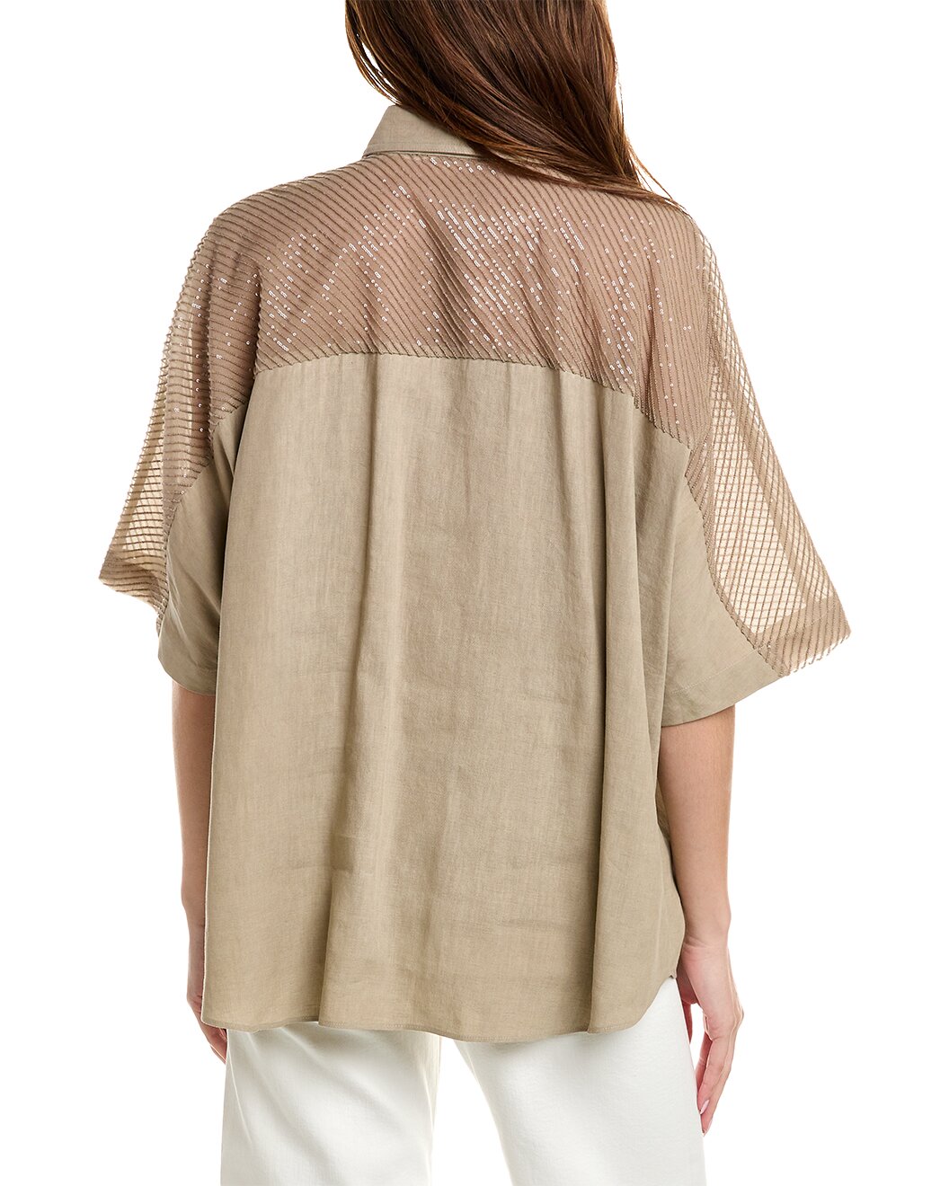 BRUNELLO CUCINELLI WOMEN'S WHEAT OVERSIZED SHIRT WITH SHEER YOKE