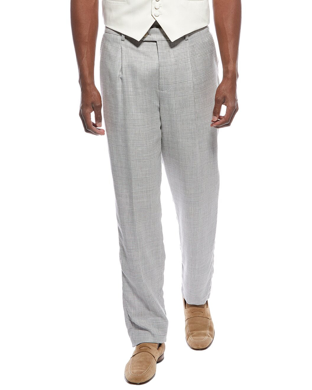 BRUNELLO CUCINELLI MEN'S LIGHT GREY WOOL LINEN TROUSERS