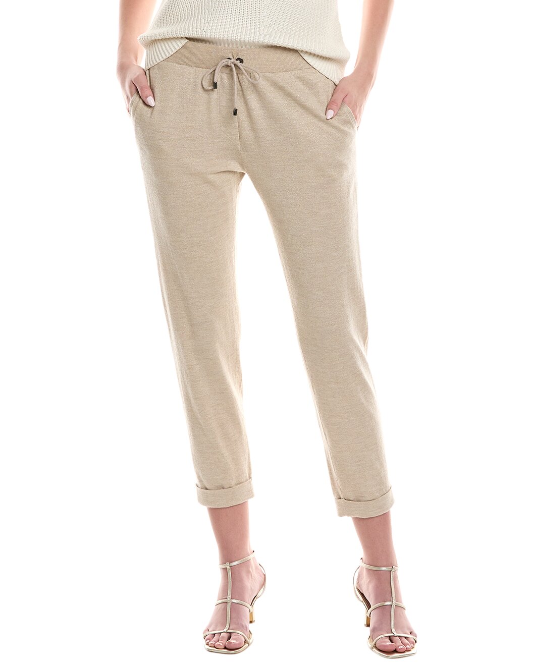 BRUNELLO CUCINELLI WOMEN'S BEIGE CROPPED COTTON TROUSERS