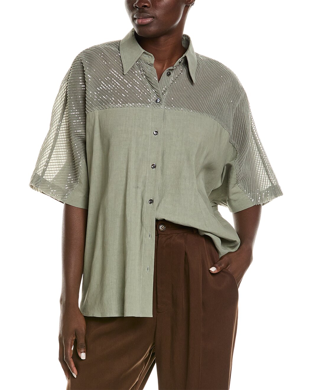 BRUNELLO CUCINELLI WOMEN'S SAGE SHIRT WITH SHEER SEQUINED YOKE