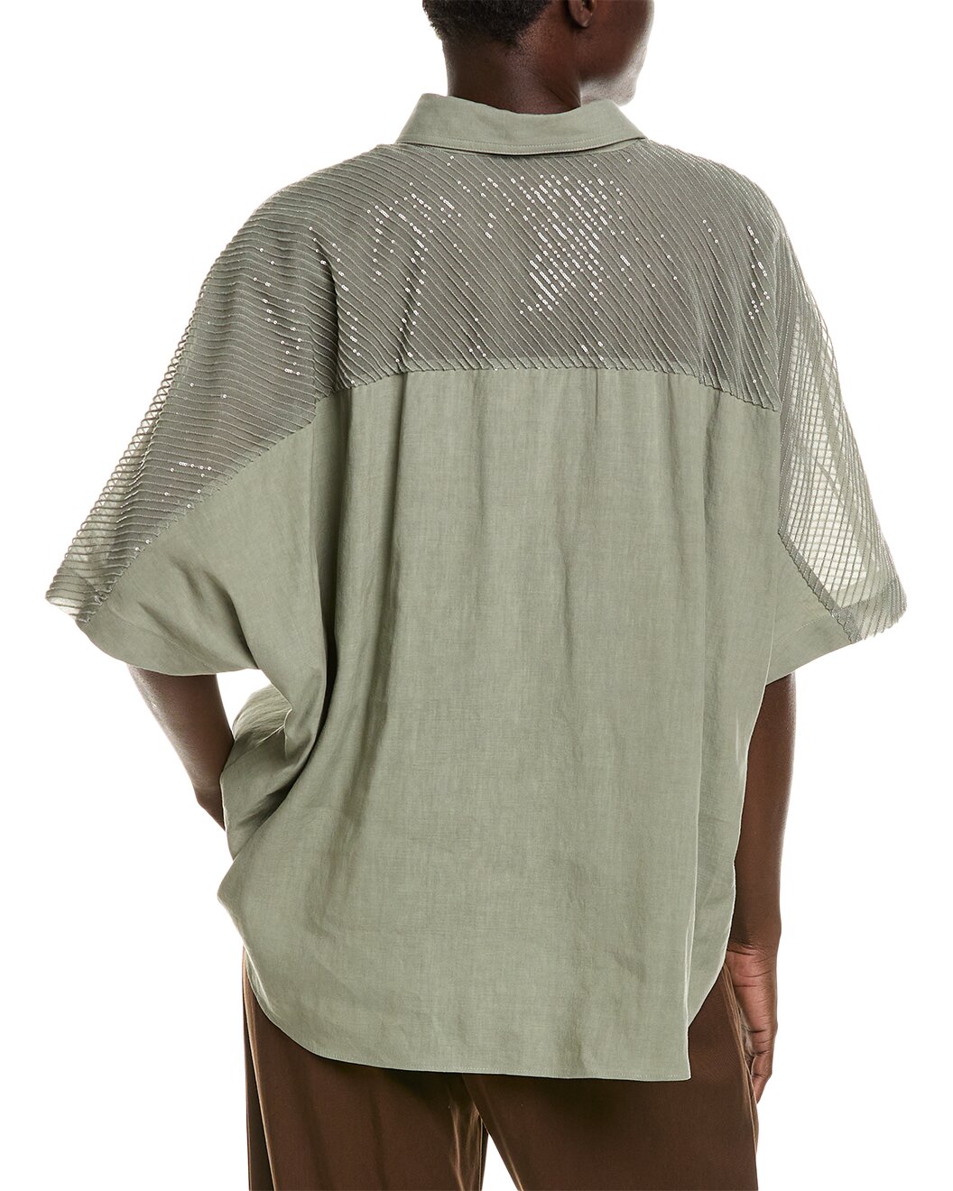 BRUNELLO CUCINELLI WOMEN'S SAGE SHIRT WITH SHEER SEQUINED YOKE