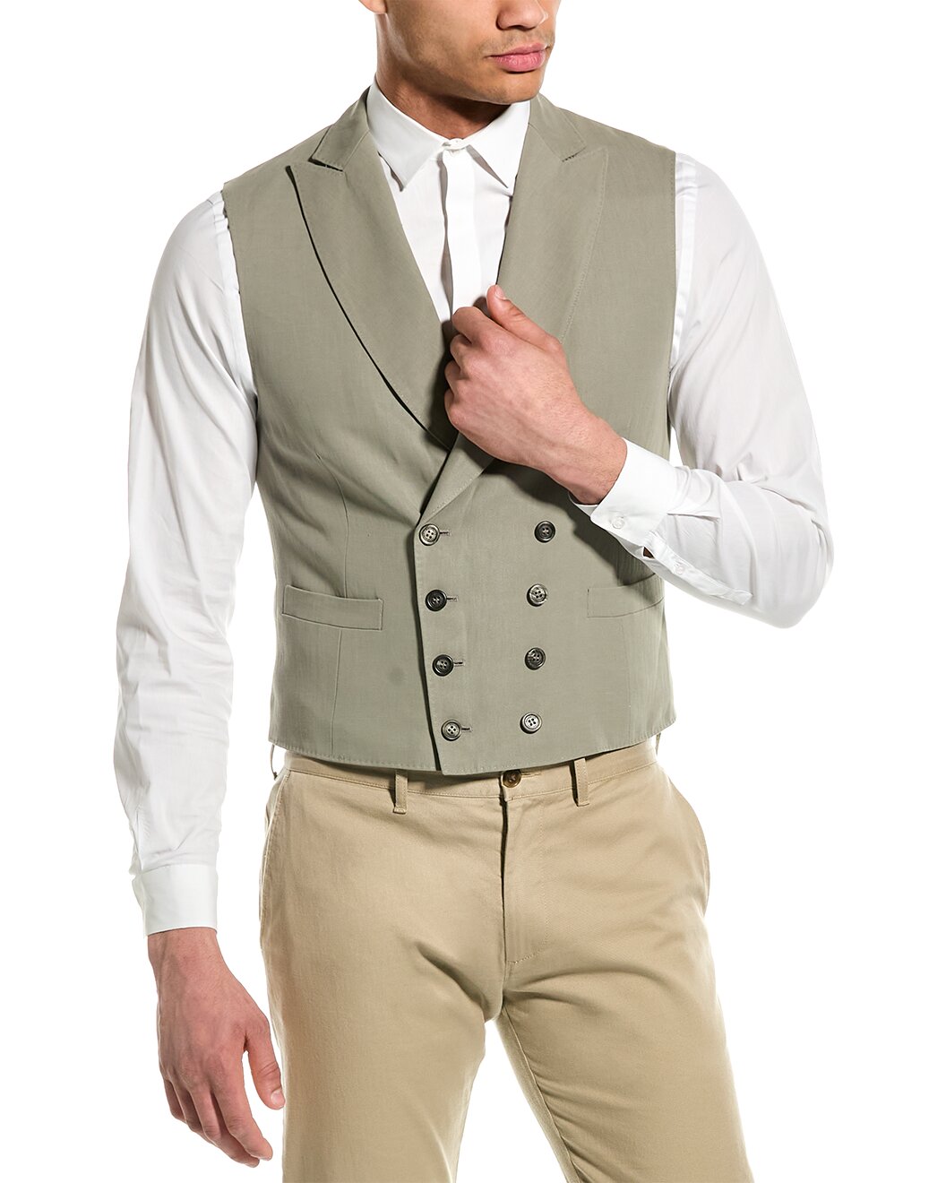 BRUNELLO CUCINELLI MEN'S KHAKI DOUBLE BREASTED LINEN COTTON VEST