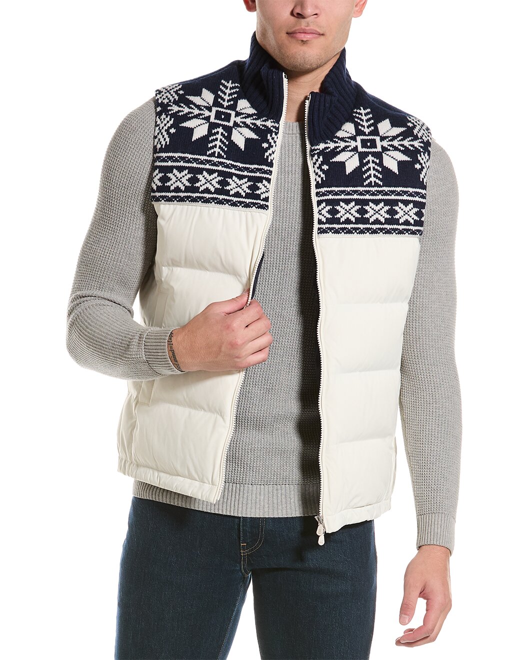 BRUNELLO CUCINELLI MEN'S TWO TONE POLY~WOOL BLEND QUILTED PUFFER VEST