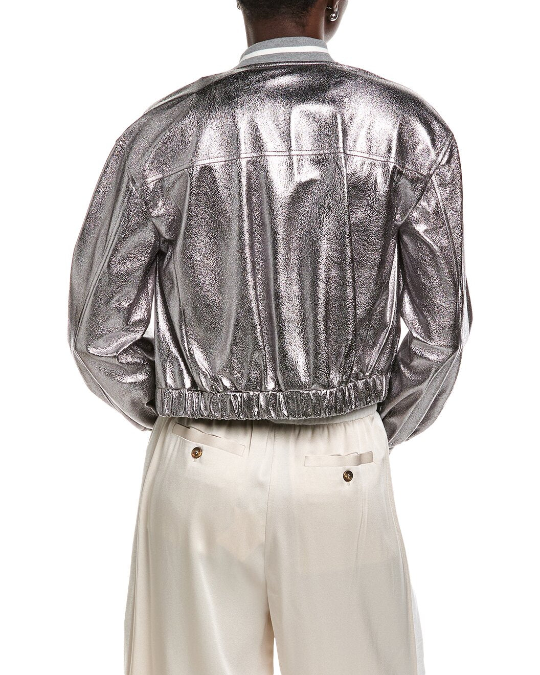 BRUNELLO CUCINELLI WOMEN'S METALLIC BOMBER JACKET WITH RIBBED TRIM