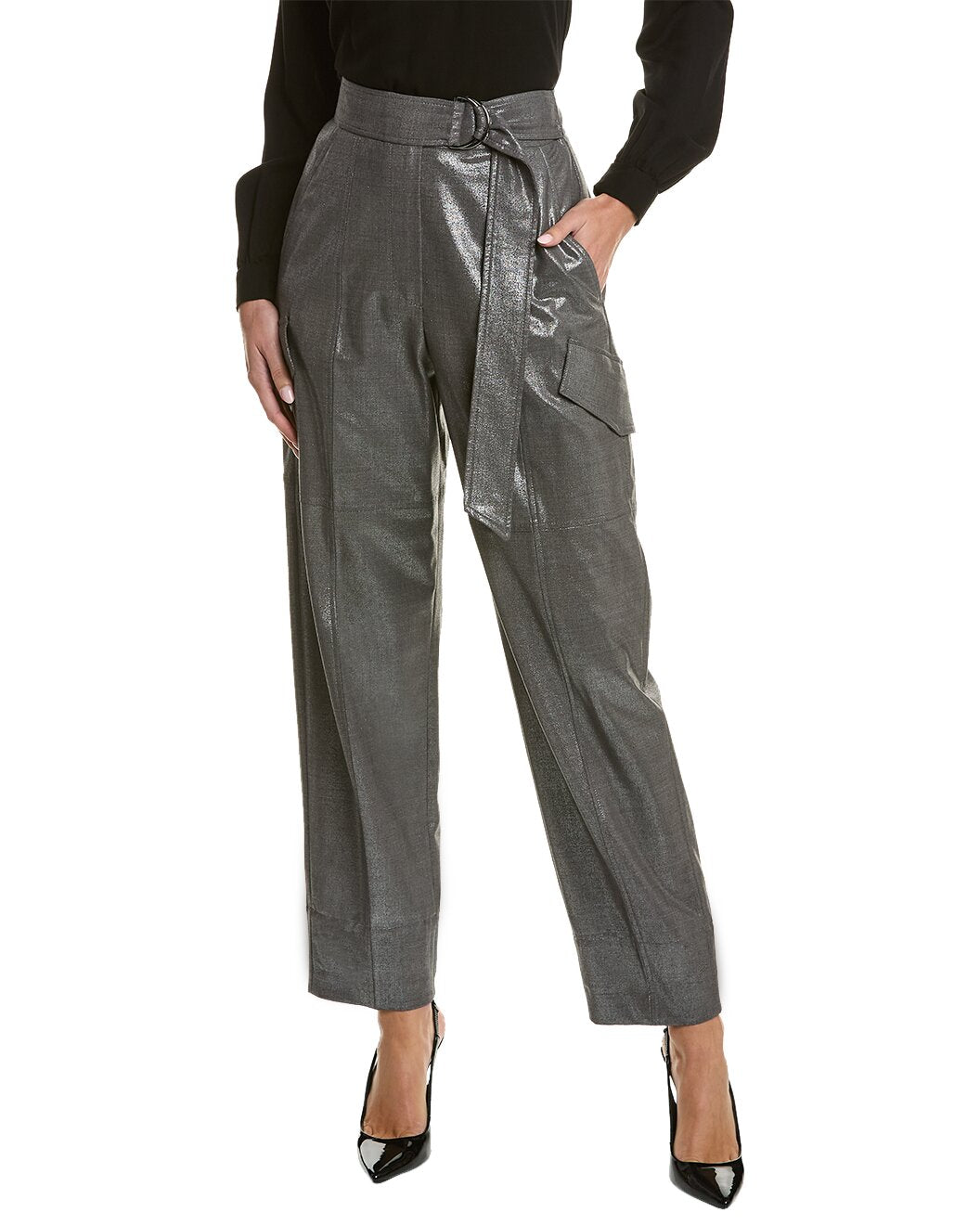 BRUNELLO CUCINELLI WOMEN'S SILVER HIGH-WAISTED BELTED TROUSERS
