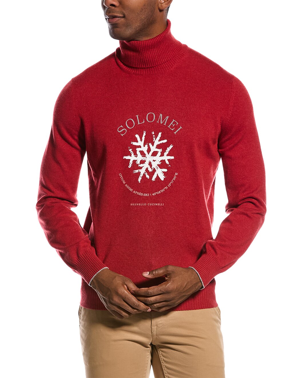 BRUNELLO CUCINELLI MEN'S 100% CASHMERE RED LOGO TURTLE NECK SWEATER