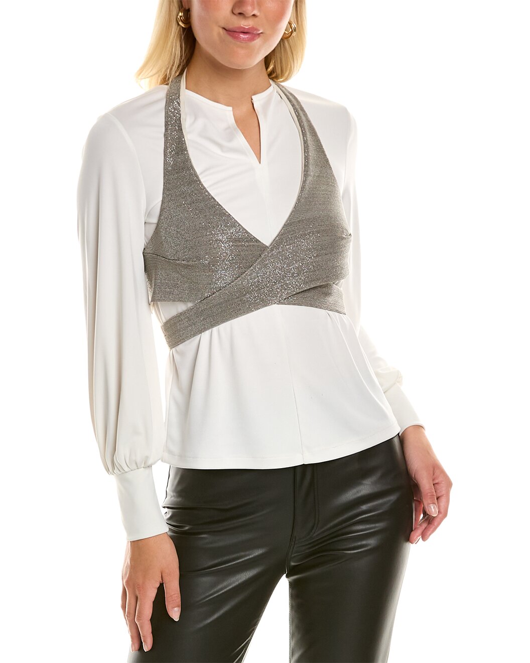 BRUNELLO CUCINELLI WOMEN'S WHITE BLOUSE WITH METALLIC OVERLAY