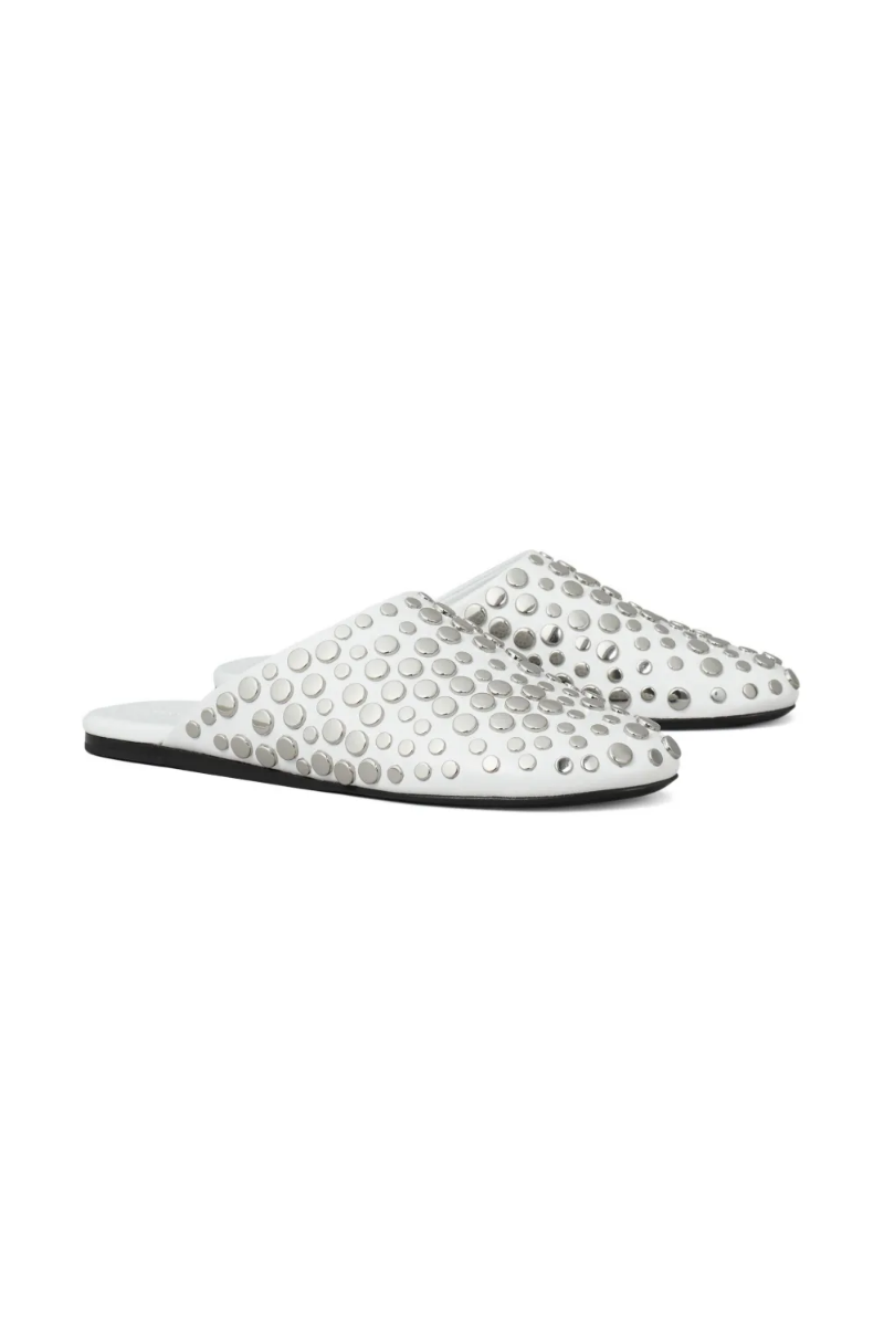 Tory Burch Studded Leather Mules in Cloud White