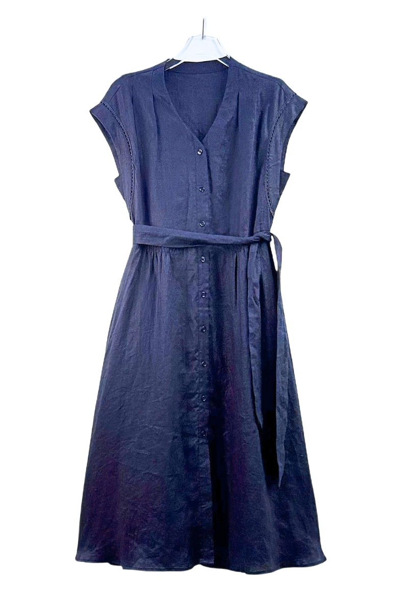 Max Simple Belted Linen Shirt Dress Navy