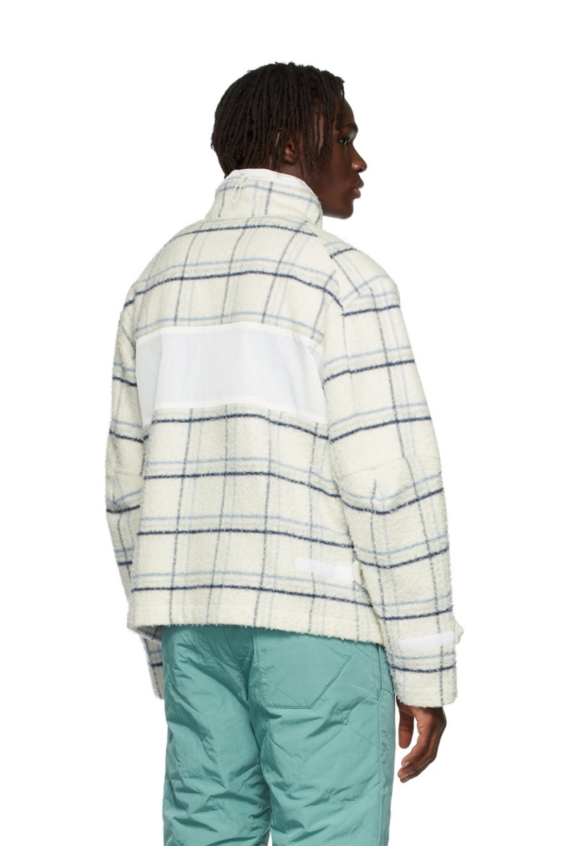 RK Exclusive Off-White Fleece Track Jacket shown from the back with checked blue pattern and nylon panel.