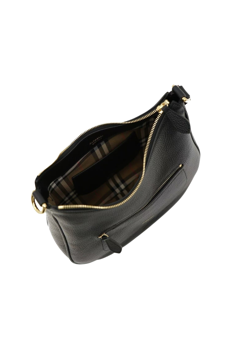 Burberry Hobo Shoulder Bag Check Strap Black Leather