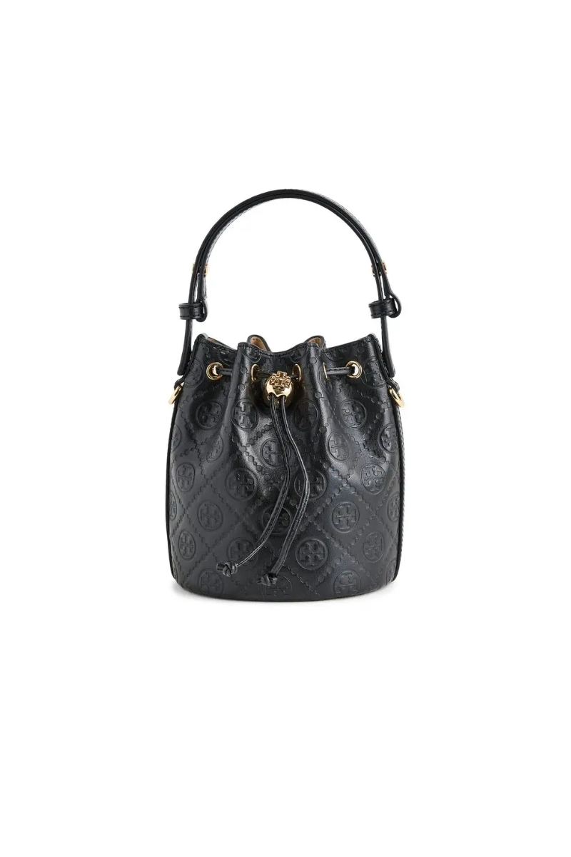 Tory Burch T Monogram Debossed Mini Bucket Bag in Black