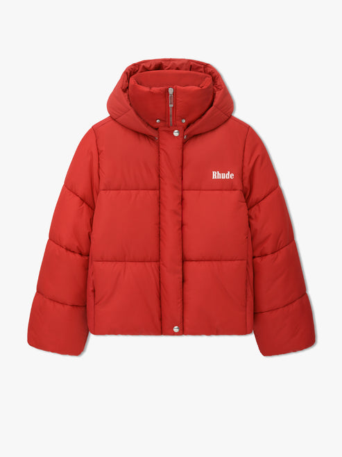 RHUDE MEN'S MOONLIGHT PUFFER JACKET RED/WHITE/BLACK